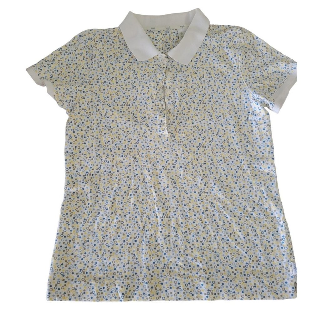 LizGolf Women's Golf Polo Size S (small) Miniature blue, yellow and gray dots an